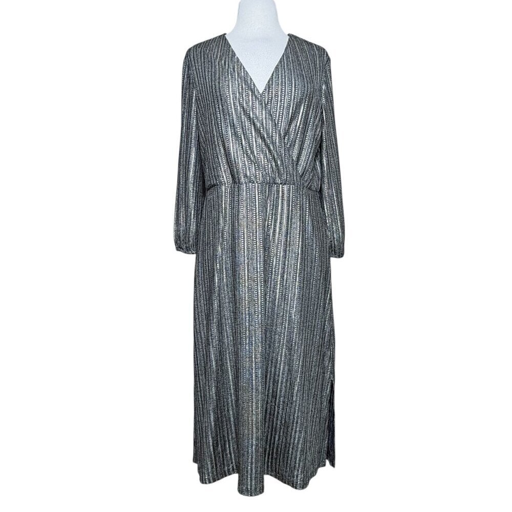 Cupio Metallic Silver 3/4 Sleeve Dress Large Wrap Front